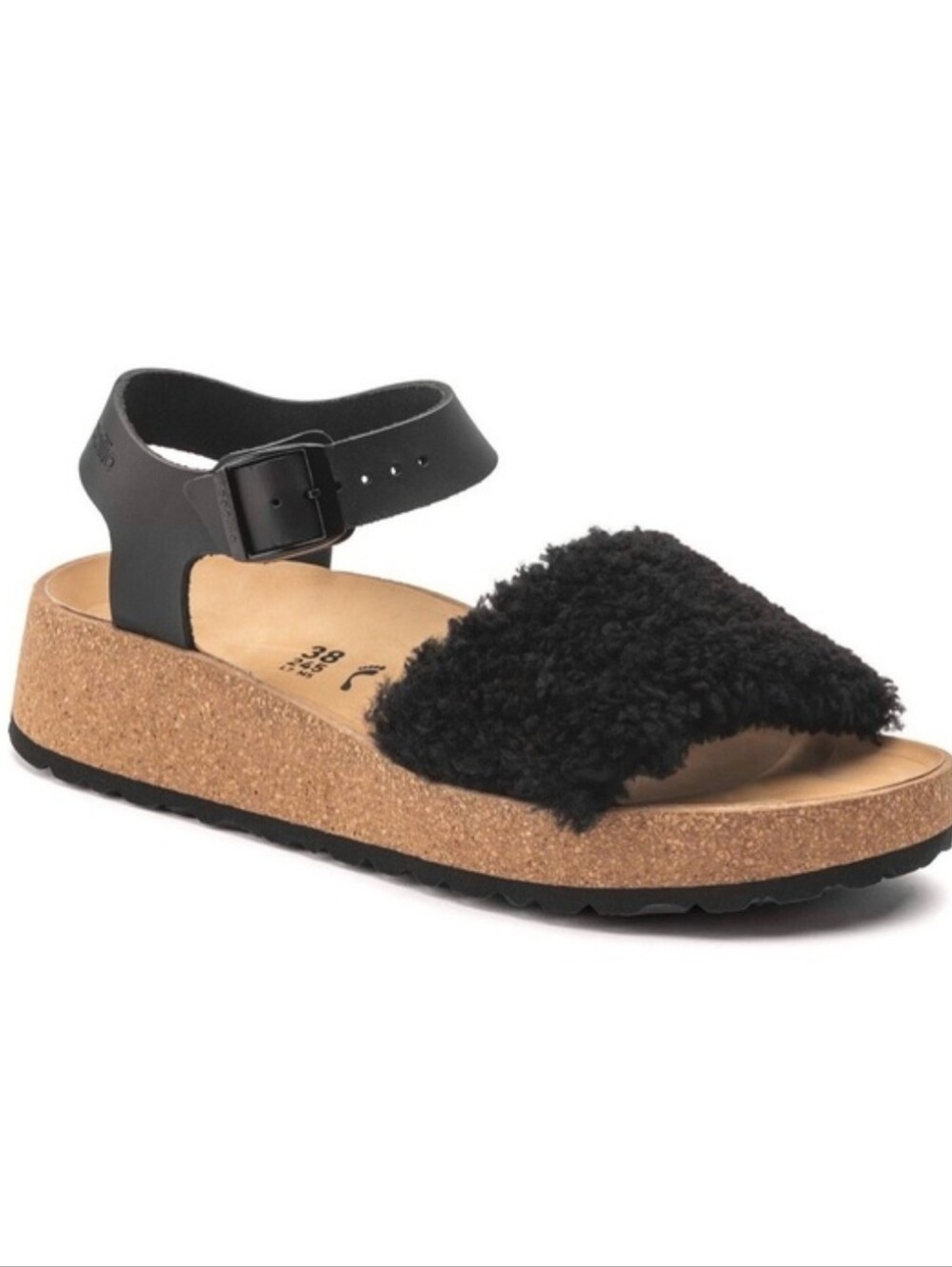 NWT Papillio Birkenstock Glenda Teddy Black Fuzzy Cork Platform Sandals